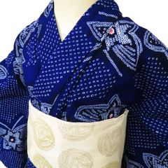 □夏涼浴衣　有松絞り　藍染　身丈約153cm 裄約65cm 超美品 本染浴衣 浴衣 有松絞り 夏物 153.5裄65 青 紺薔薇 蝶 大人
