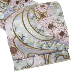 袋帯 中古 リサイクル 正絹 フォーマル 仕立て上がり 六通  花模様 薄灰色 多色 金 きもの北條 A977-13