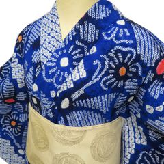 有松鳴海絞り 浴衣 夏着物 綿100% ひまわり 青 トールサイズ A-2868