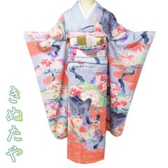7歳 レトロ正絹水色鳳凰梅 七五三 お着物・帯セット アンティーク