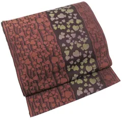 名古屋帯 なごや帯 中古 正絹 カジュアル 仕立て上がり ハート柄 茶系色 きもの北條 A1002-11のサムネイル