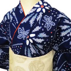 超美品 本染浴衣 浴衣 有松絞り 夏物 153.5裄65 青 紺薔薇 蝶 大人