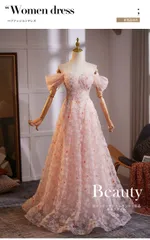 フラワーデザイン ピンク ロングドレス レディース 一字肩 ファスナー仕様 プリンセスシルエット 成人式 成人礼 撮影 セレモニー パーティー 発表会 フォーマル 華やか 上品 高級感 きれいめ 着映え 写真映え 軽婚礼用 主役感 エレガント S-3XL