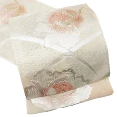 夏物 袋帯 中古 リサイクル 正絹 フォーマル 仕立て上がり 六通 植物文様 芝草 牡丹 生成色 金銀 きもの北條 A870-14