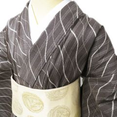 小千谷縮 縞絣 少し緑味のグレー系 広衿仕立て 美品 普段着物 洗える 