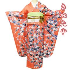 606z38☆紅型振袖 古典柄 小紋柄 濃い朱色☆美品 成人式 初釜 正月 