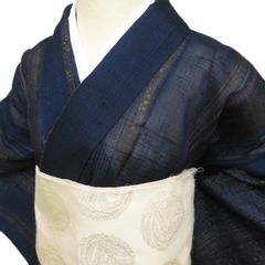 小紋　身丈164　裄68　ちりめん　幾何学　正絹　着物　033b p 新品未使用 正絹 夏着物 絽 藍小紋 裄68 身丈164 夏帯プレゼント