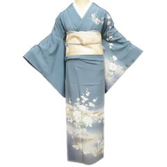 訪問着】爽やかなカラーの花と鮮やかなブルー トール＆ワイドサイズ 