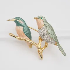 V122 ブローチ 2羽の鳥 バード ラインストーン ピンク系カラー エナメル ゴールドカラー デザイン コスチュームジュエリー