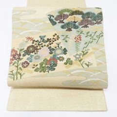 6k698 丸帯 絹 夏帯 夏物 絽 グレー ベージュ 金色 銀色 緑 紫 花柄 
