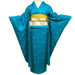 振袖 辻が花文様 金糸 鮮やかな青緑系 美品 ピーコックブルー 匿名発送