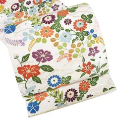 袋帯 中古 リサイクル 正絹 フォーマル 仕立て上がり 六通 唐織 芝草に花模様 秋草 箔糸 生成色 多色 金 きもの北條 A1190-12