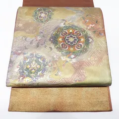袋帯 中古 リサイクル 正絹 フォーマル 仕立て上がり お太鼓柄 金彩 螺鈿 花鳥の図 箔糸 茶色 多色 金 きもの北條 A1234-16