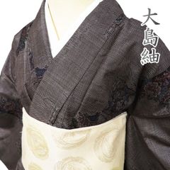 紬(単衣) (越後大島 織出しアラベスク文様 身幅広め 黒×茶系×赤