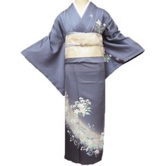 美品＊着物帯セット】お花の訪問着 濃紺 帝王紫の袋帯 正絹 本日特価