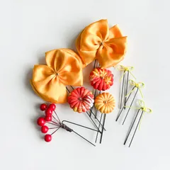 〔616〕七五三髪飾り　黄色　イエロー　オレンジ　七五三　ヘッドドレス　ハーフ成人式　和装　和装アクセサリー　水引　水引ピン　リボン