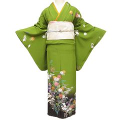 やまと謹製 総刺繍 花車文様 振袖 小柄向き ジュニアサイズ 正絹 