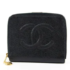 【美品】CHANEL シャネル キャビアスキン ココマーク 二つ折り財布 コンパクトウォレット ブラック 小物【UL58】