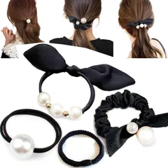 【人気商品】ヘアリングゴム レディース 黒色 跡がつかない おしゃれ大人ヘアアクセサリー ヘアアレンジ 髪留めゴム リボン 人気韓国風ヘアシュシュ可愛い パール髪飾り（4種6本） 髪ゴム黒 パール付き Aollaaヘアゴム