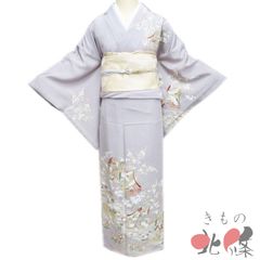 単衣□長尺◇付下げ□道長取りに花籠模様□江戸鼠色◇正絹着物◇SP5-5 