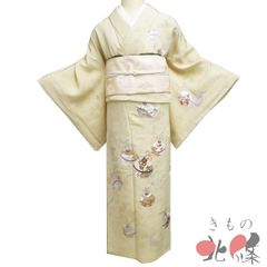 訪問着＊袷着物 長尺 三越 市松に山鉾舞鶴松竹梅 クリーム色 正絹 