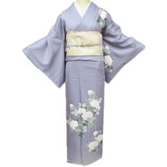 訪問着：加賀友禅：美品：しだれ桜と菊と桔梗：藤色・加賀紋作家印：袷