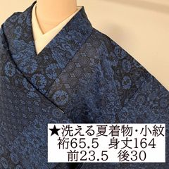 裄66 絽 小紋 洗える夏着物・小紋】裄66 身丈164 袖49 化繊 夏物 盛夏 スミクロ地に
