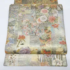 袋帯 中古 リサイクル 正絹 フォーマル 仕立て上がり 全通 24金プラチナ三重箔 近代花鳥画 あさぎ 箔糸 きもの北條 A1241-19