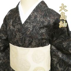 紬(単衣) (越後大島 織出しアラベスク文様 身幅広め 黒×茶系×赤