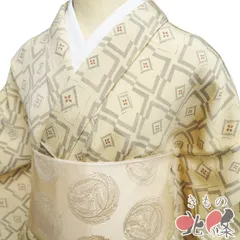 小紋 着物 未使用 正絹 袷 カジュアル 縮緬地 幾何学模様 薄卵色 灰色 身丈158.5cm 裄69cm M きもの北條 A1346-2