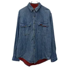 90s USA製 L.L.Bean 長袖 デニムシャツ M ブルー エルエルビーン ボタン 90年代 裏地チェック アメカジ カジュアル 秋物 a804-6461のサムネイル