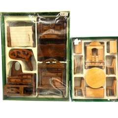 Miniature Wooden Furniture Set, Retro Dollhouse Style, Antique Vintage, Includes Cabinet, Desk, Table, Chair, Cupboard, Bed, and Other Interior Decor Items. [Used] [Free Shipping]
