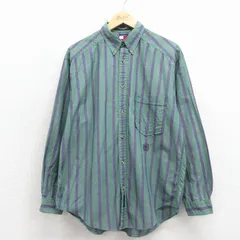 L/古着 トミーヒルフィガー 長袖 ブランド シャツ メンズ 90年代 90s ワンポイントロゴ コットン ボタンダウン 緑 ストライプ 26apr03