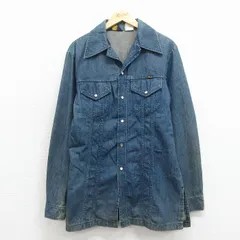 M/古着 ラングラー 長袖 シャツ ジャケット メンズ 80年代 80s ロング丈 コットン 開襟 オープンカラー 紺 デニム【spe】 26apr03のサムネイル