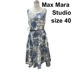 □ マックスマーラステュディオ MaxMara フレアワンピース ボートネック ノースリーブ プリント 総柄 青白 綿 40 L 11号 レディース Z6C040のサムネイル
