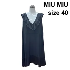 ●◇ ミュウミュウ MIU MIU ノースリーブワンピース Vネックラッフルカラー ミニ丈 チュニック 黒 シルク100% 40 L 11号 レディース Z6B535