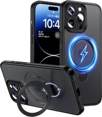 Magic John 対応いphone14pro max 用 ケース 半透明 商務 スタンド付き 隠し収納 滑り止め 耐衝撃 カメラ保護 TPU製フレーム ズレにくい ホコリ付きにくい ブラック