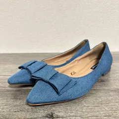 未使用 ナチュラルビューティーベーシック ポインテッドトゥ リボンフラットパンプス キャンバス 23cm ブルーのサムネイル