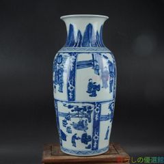U5J4X中国美術　景徳鎮製　蛍焼　青花風景画花瓶　染付瓶　時代花器　唐物 U5J4X中国美術 景徳鎮製 蛍焼 青花風景画花瓶 染付瓶 時代花器 唐物