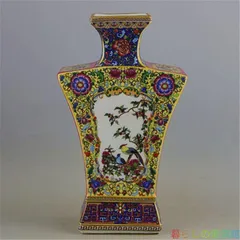 上品】琺瑯彩 花鳥紋 四角瓶 景徳鎮 陶磁器 工芸品 美術品 置物zw427