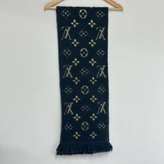 LOUIS VUITTON マフラー エシャルプロゴマニア シャイン M70815 シルク混 ニット フリンジ ゴールド ロゴ ネイビー 襟巻 ブルーぺトロール
