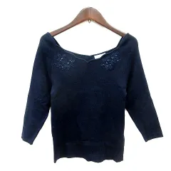 プロポーション ボディドレッシング PROPORTION BODY DRESSING ニット カットソー レース 七分袖 リブ ビーズ 2 M 紺 ネイビー /MN