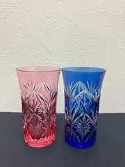 【美品】カガミクリスタル 切子 ペアグラス タンブラー 赤 青 江戸切子 皇室