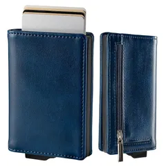 [zepirion] キャッシュレスに最適化 クレジットカードケース スキミング防止 磁気防止 スライド式 アルミニウム PUレザー ブルー(レザー) 0