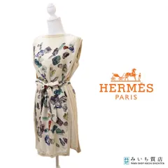 HERMES エルメス ワンピース Mineraux ミネロー ノースリーブ 38サイズ 鉱石柄 宝石柄 ベージュ×マルチカラー レディース ベルト付 H23644のサムネイル