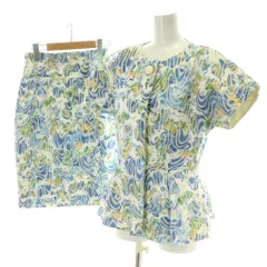 クリスチャンディオール Christian Dior ヴィンテージ セットアップ 上下2点セット ノーカラージャケット 半袖 タイトスカート ひざ丈 総裏地 総柄 9 青 ブルー 白 ホワイト MD2Q00780 /MP■GY1