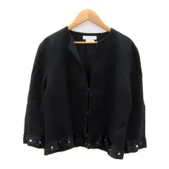 ザラウーマン ZARA WOMAN ノーカラージャケット ミドル丈 七分袖 スパンコール装飾 リネン 麻 40 L 黒 ブラック /SY30のサムネイル