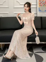 送料無料 ロングドレス パール付き ビーズ セクシー ワンショルダー Aライン 透け感 エレガント 結婚式 二次会 演奏会 発表会 司会 美ライン 華やか 高級感 細見え レディース S M L XL XXL