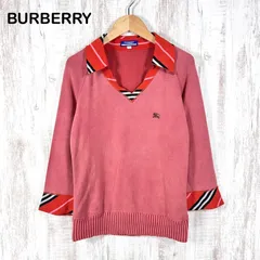 BURBERRY BLUE LABEL バーバリーブルーレーベル ホースロゴ刺繡 チェック 開襟 襟付き ドッキング ニット レッド レディース 七分袖 トップス