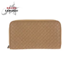 美品 BOTTEGAVENETA ボッテガヴェネタ イントレチャート ベージュ ガンメタ金具 レザー 132358 長財布 ラウンドファスナー メンズ 600841【中古】